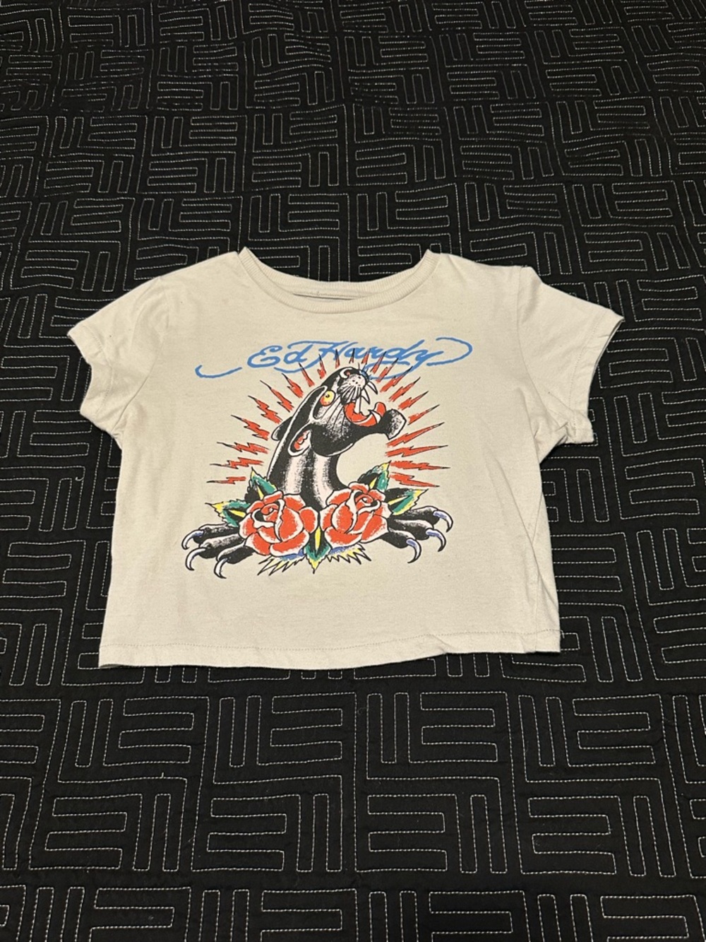 Ed Hardy Graphic Crop Tee with Panther & Rose Print